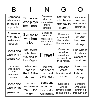 Get to know you Bingo Card