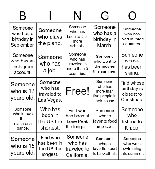 Get to know you Bingo Card