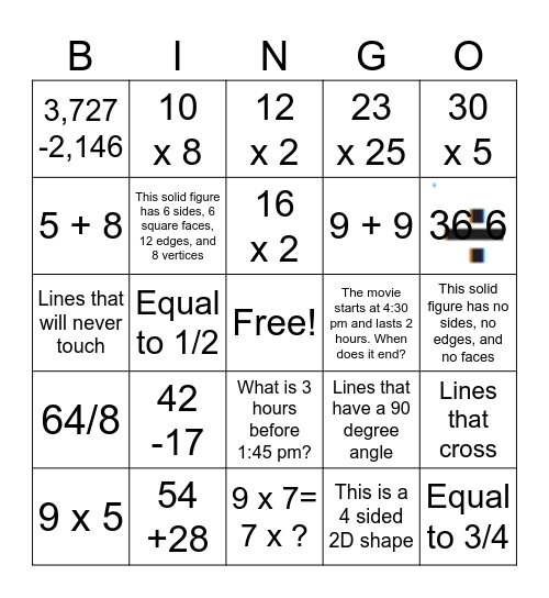 Math Review Bingo Card