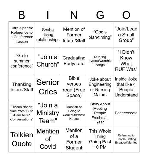Senior Night Bingo Card