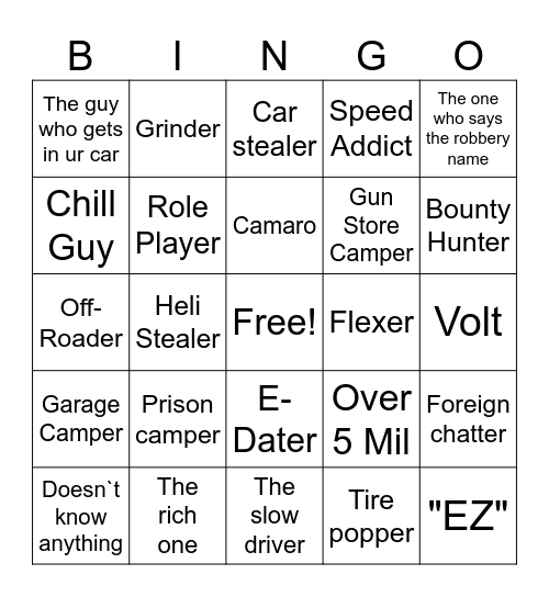 JailBreak Bingo Card Bingo Card