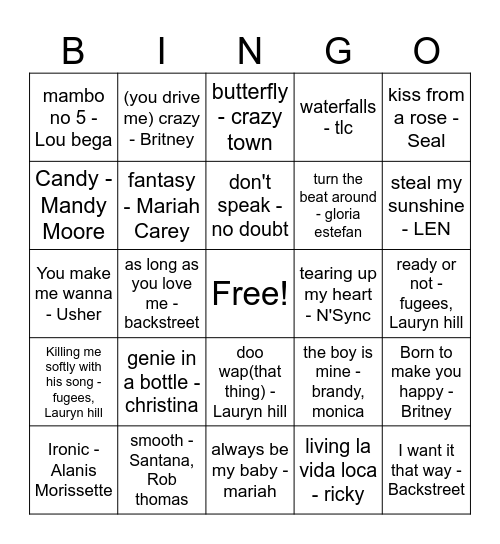 90's Music Bingo Card