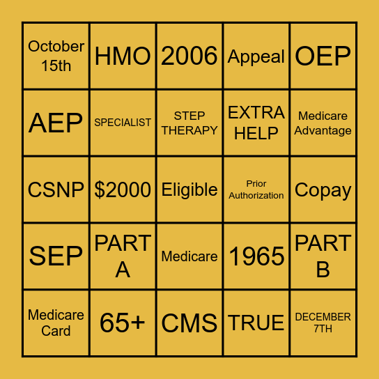 The O Bingo (MEDICARE) Bingo Card