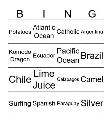 South America Bingo Card