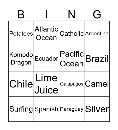 South America Bingo Card