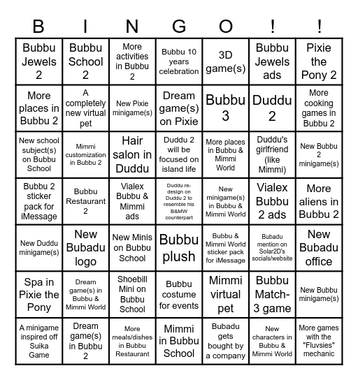 The New Bubadu Predictions Bingo (22/04/2025) Bingo Card