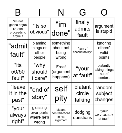 Sparkie Argument Bingo Card