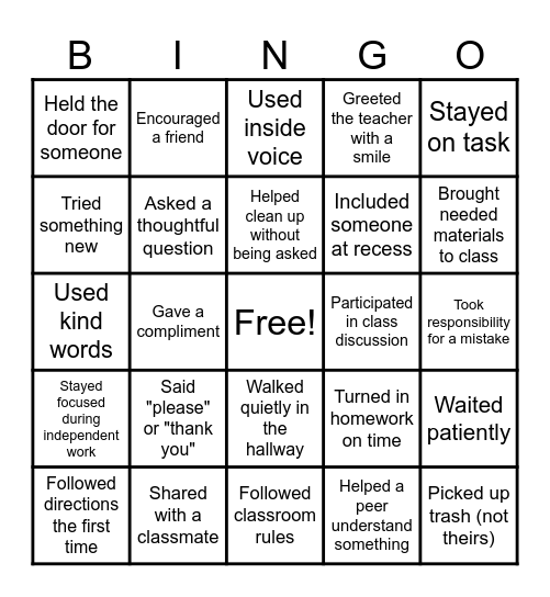 Behavior BINGO Card