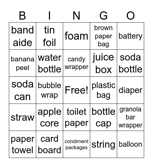 Trash Bingo Card
