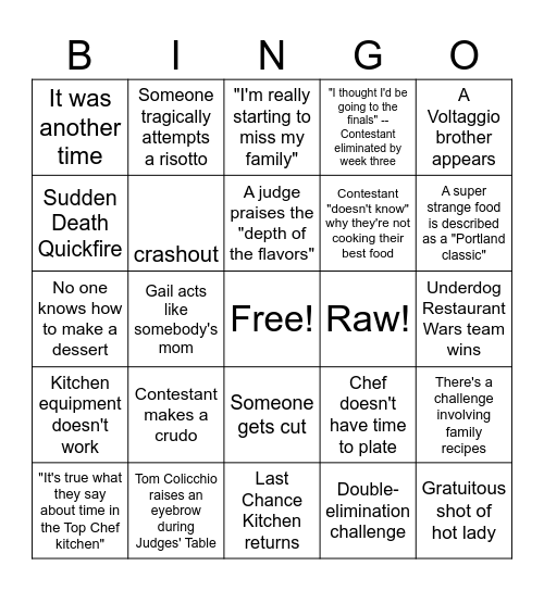 Top Chef Bingo Card