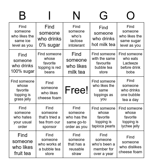 bubble tea Bingo Card