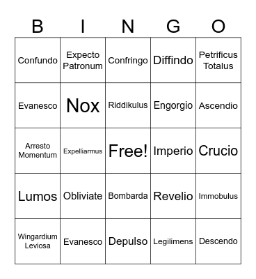 Harry Potter Bingo - Spells Bingo Card