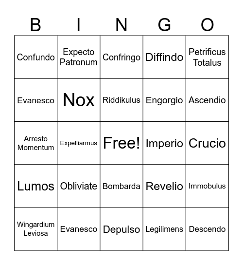 Harry Potter Bingo - Spells Bingo Card