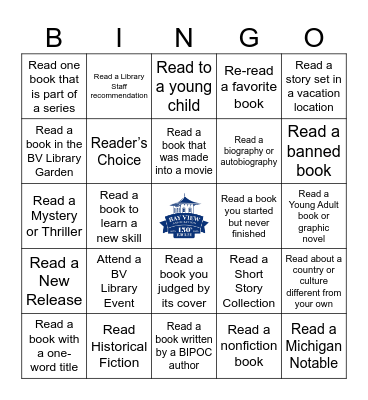 Bay View Jubilee Summer Reading Bingo Teens & Adults Bingo Card