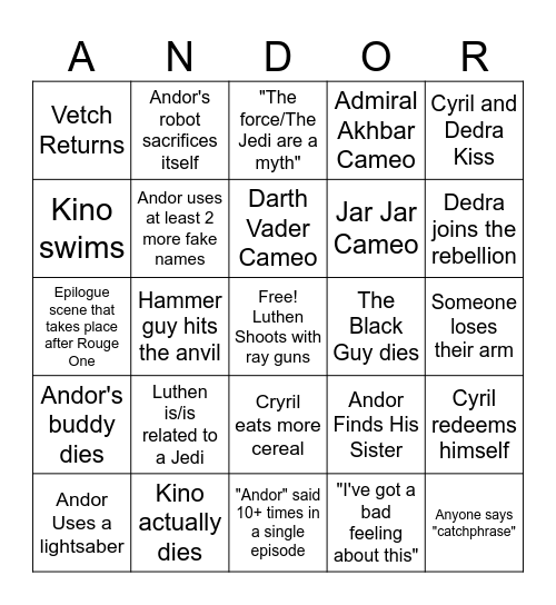Andor Season 2 Bingo Card