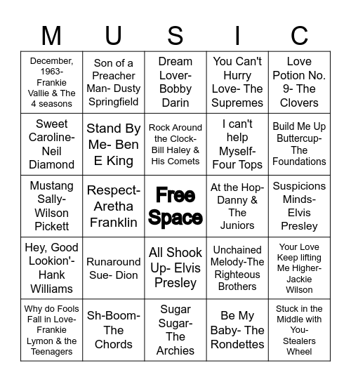 MUSIC BINGO golden oldies Bingo Card