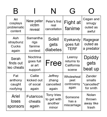 Cosplay tea Bingo Card