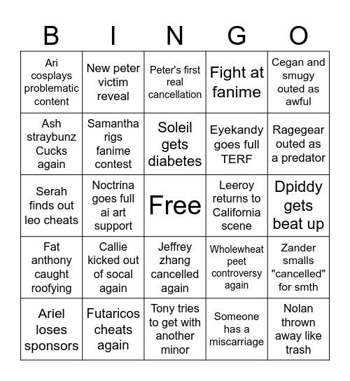 Cosplay tea Bingo Card