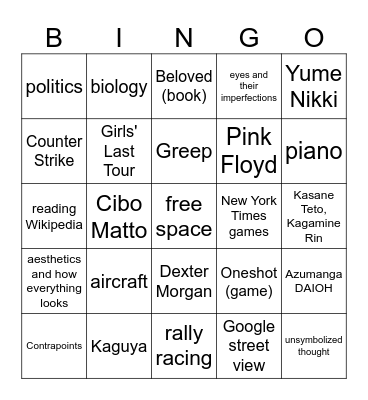 special interest bingo Card