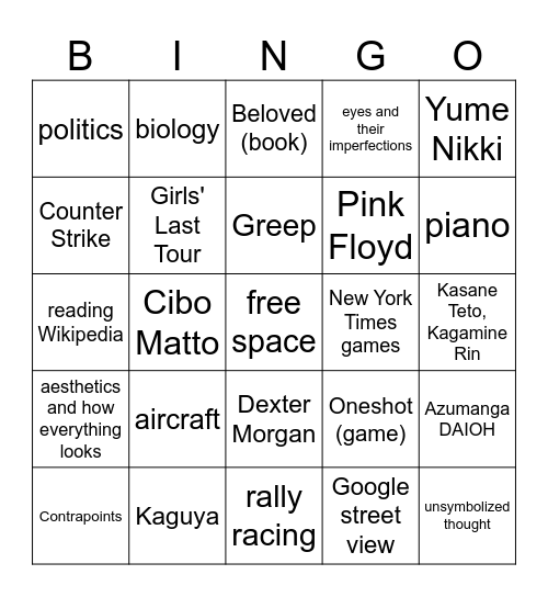 special interest bingo Card
