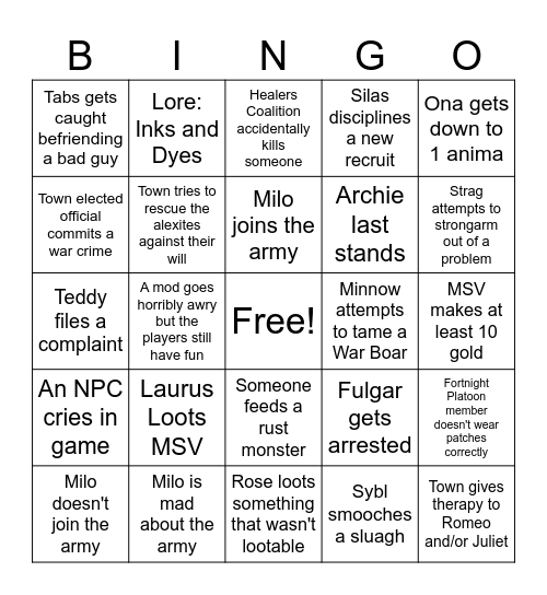Plot Month 2 Bingo Card
