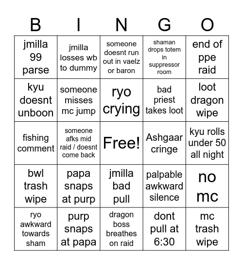 Wednesday Raid Bingo Card