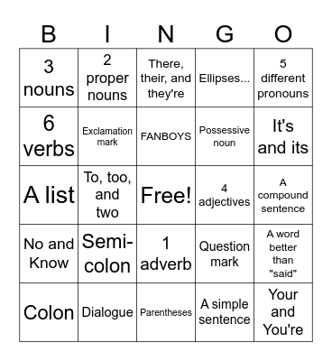 Grammar Bingo Card