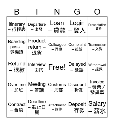 TOEIC Vocabulary Bingo Card