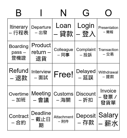 TOEIC Vocabulary Bingo Card