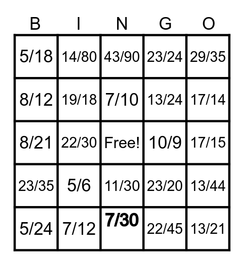 Fraction Bingo! Bingo Card