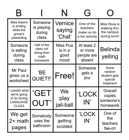 BINGO CARD FOR SCHOOL Bingo Card