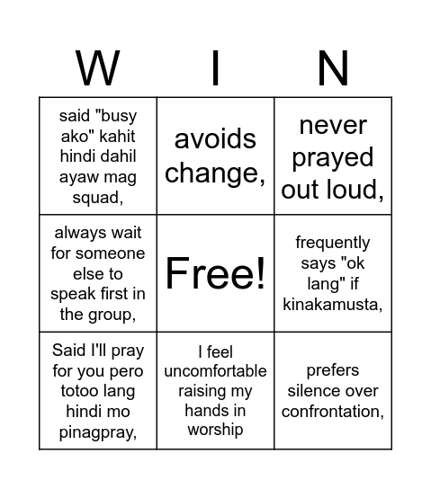Comfort Zone Bingo Card