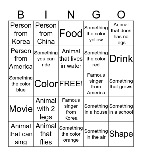 Can you name the words? Bingo Card