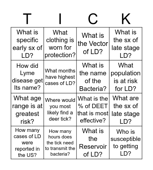 LYME Disease Bingo Card