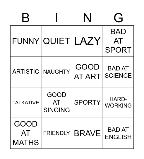 Personality Adjectives Bingo Card