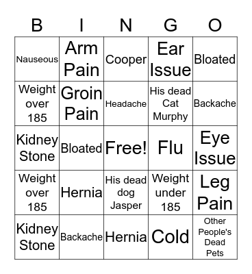 G's Ailments Bingo Card