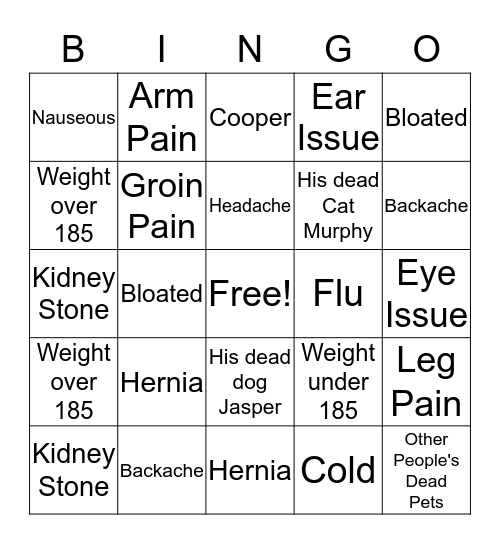 G's Ailments Bingo Card