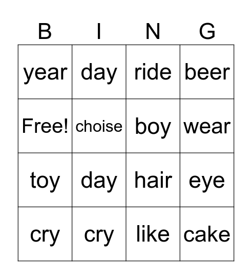 diphthongs Bingo Card
