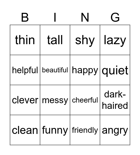 Adjectives: Opposites Bingo Card