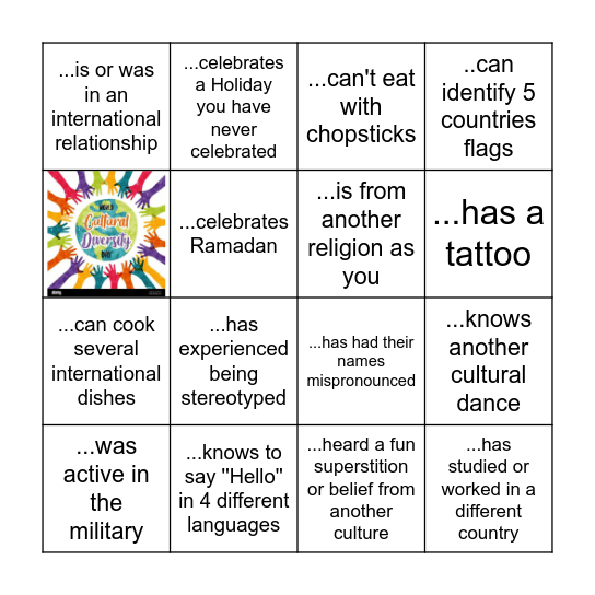 Multicultural Day BINGO. Find a colleague who... Bingo Card