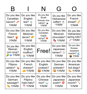 B11 U14 Y/N Nationalities Do you like Bingo Card