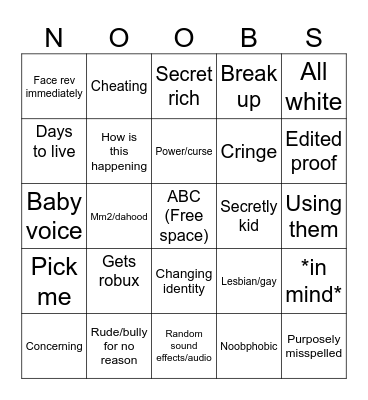 Roblox bingo Card