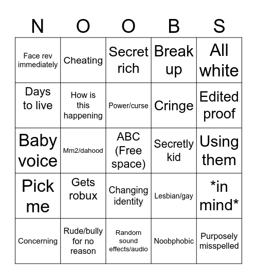 Roblox bingo Card