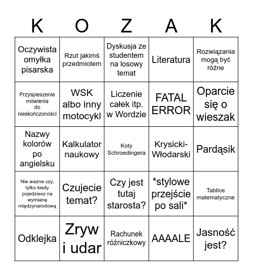 Koziakowe Bingo Card
