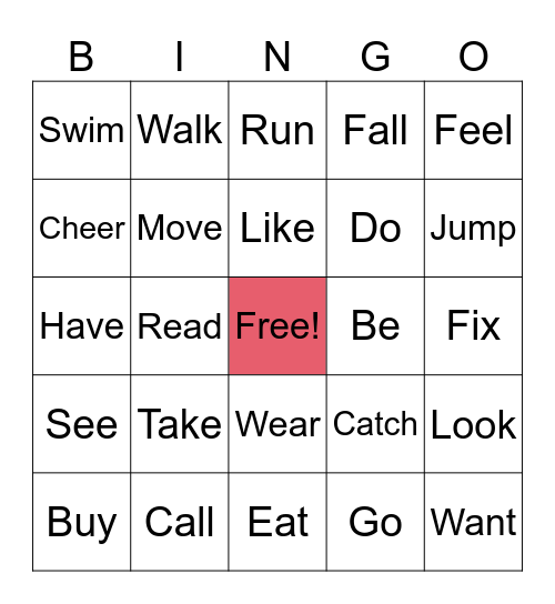 Action Words Bingo Card