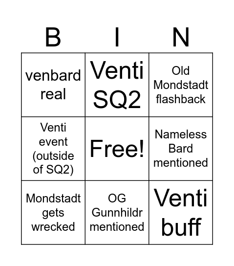 venti special program Bingo Card