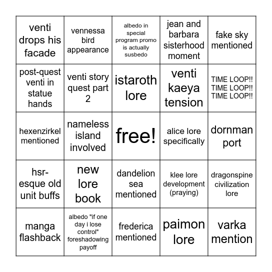 genshin 5.6 bingo Card