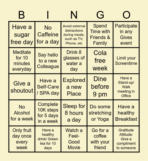 Well-Being Bingo Card