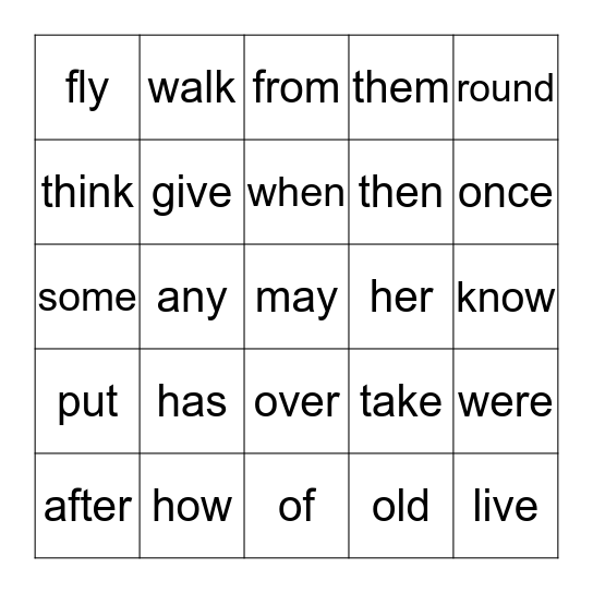 Dolch First Grade Sight Words Bingo Card