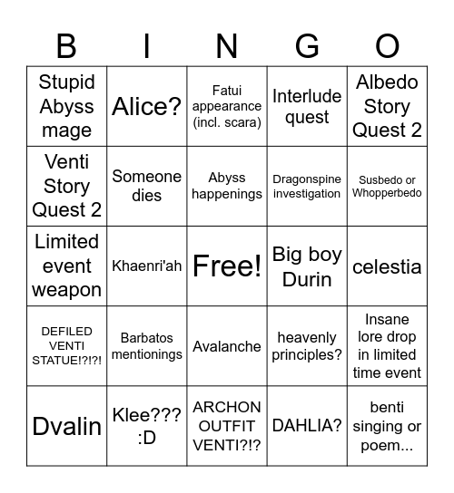 Genshin Special Program 5.6 Bingo Card